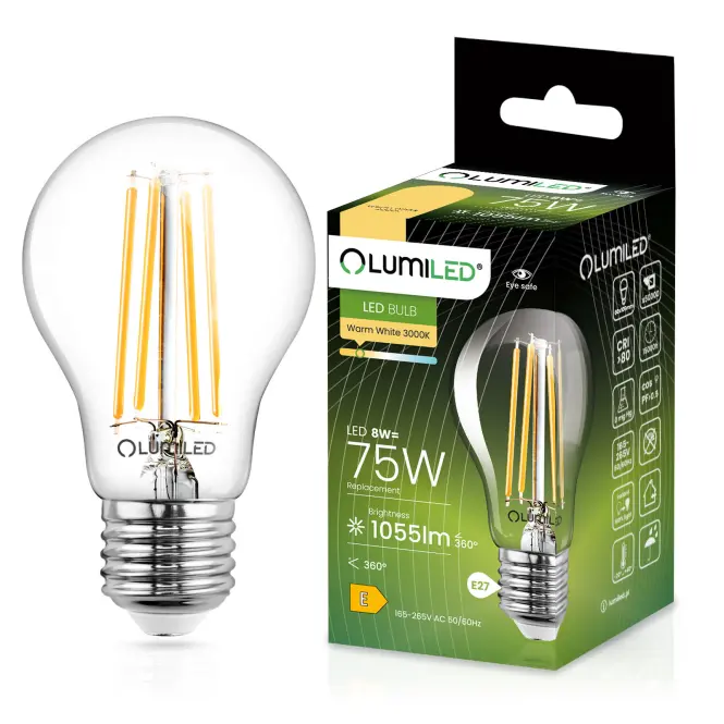 Žiarovka LED A60 FIL CL 8W E27 1055LM 3000K