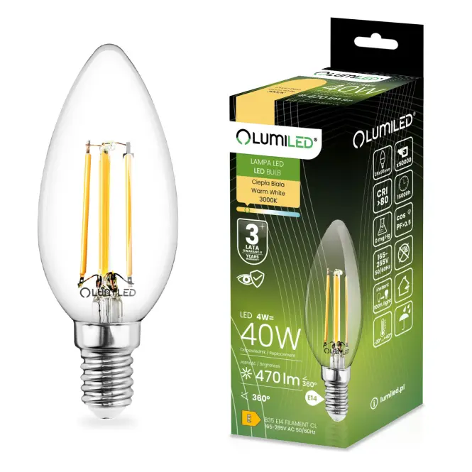 Žiarovka LED sviečka FIL 4W E14 470LM 3000K,2