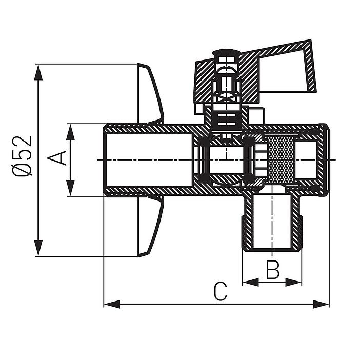 Rohový Guľový Ventil 1/2x 3/4 s rozetou a filtrom Z1234KF