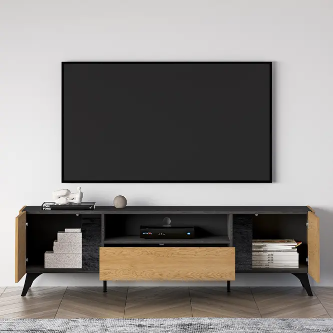 TV stolík Toscania 06 Dub Dune/jaseň čierny/sklo