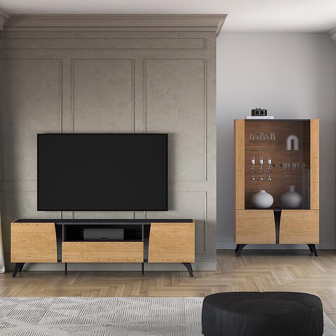 TV stolík Toscania 06 Dub Dune/jaseň čierny/sklo,10