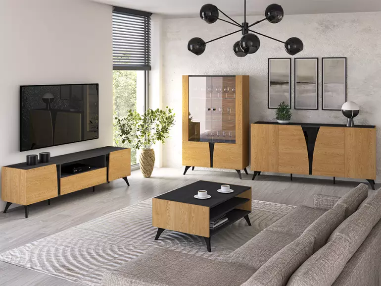 36LG+SYS TOSCANIA 04 KOMODA  DĄB  DUNE/JESION  CZARNY/SZKŁO