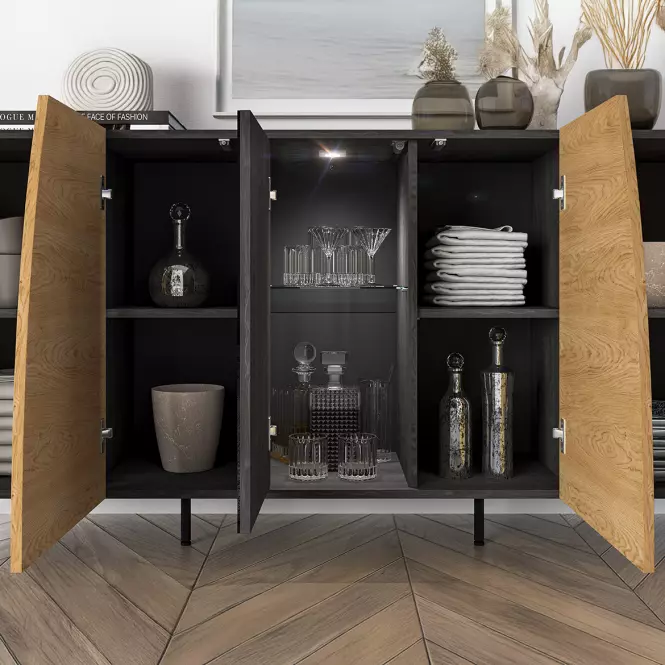 36LG+SYS TOSCANIA 04 KOMODA  DĄB  DUNE/JESION  CZARNY/SZKŁO