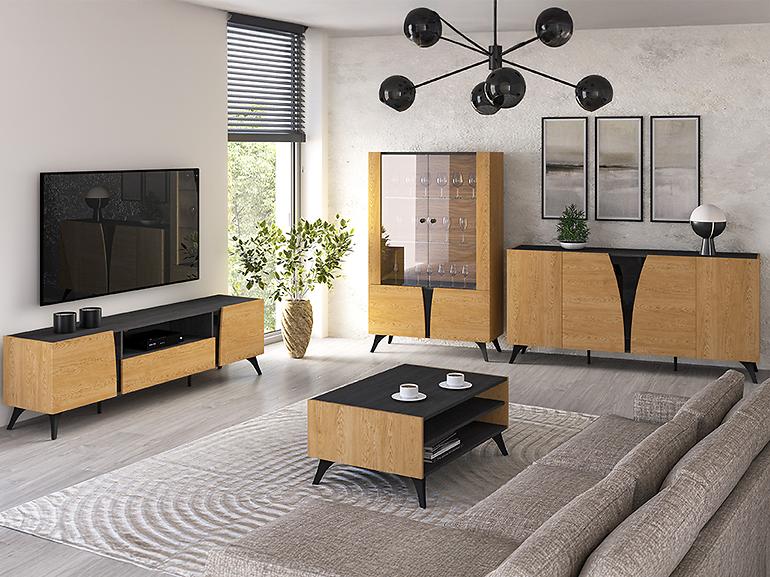 36LG+SYS TOSCANIA 05 KOMODA  DĄB  DUNE/JESION  CZARNY/SZKŁO