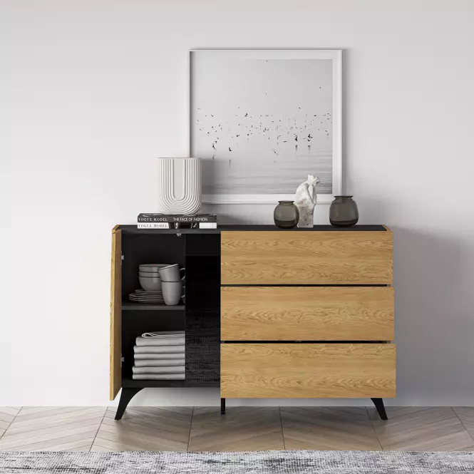 36LG+SYS TOSCANIA 05 KOMODA  DĄB  DUNE/JESION  CZARNY/SZKŁO