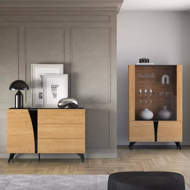 36LG+SYS TOSCANIA 05 KOMODA  DĄB  DUNE/JESION  CZARNY/SZKŁO