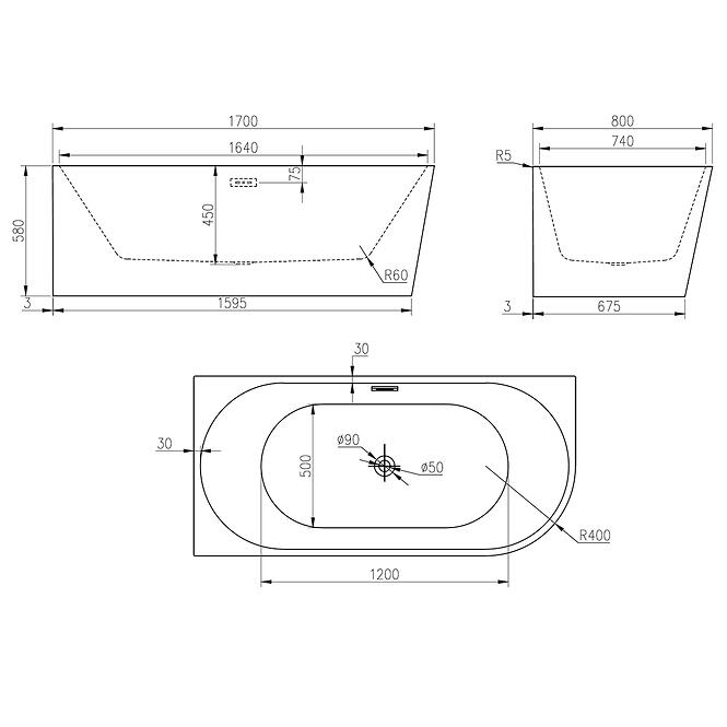 Voľne stojaca vaňa Nox Black 170x80x58 ľavý