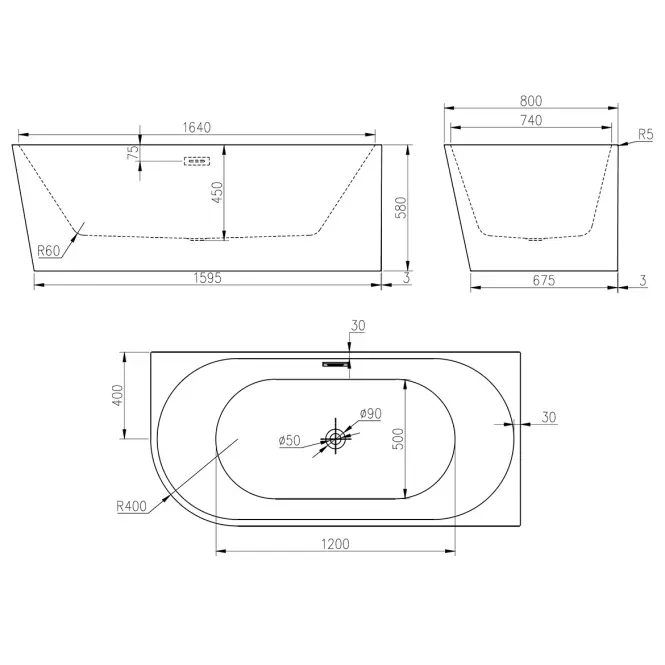 Voľne stojaca vaňa Nox 170x80x58 pravý,2