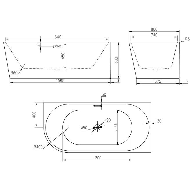 Voľne stojaca vaňa Nox 170x80x58 pravý,2