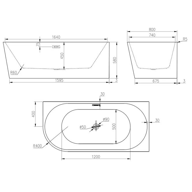 Voľne stojaca vaňa Nox Black 170x80x58 pravý,2