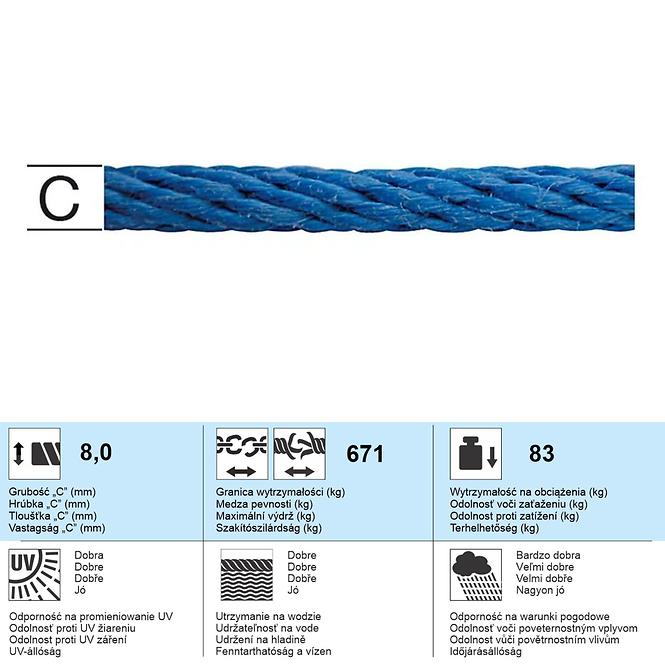 Polypropylén Lano pletené modré –  Priemer 8 mm - Tovar na Mieru