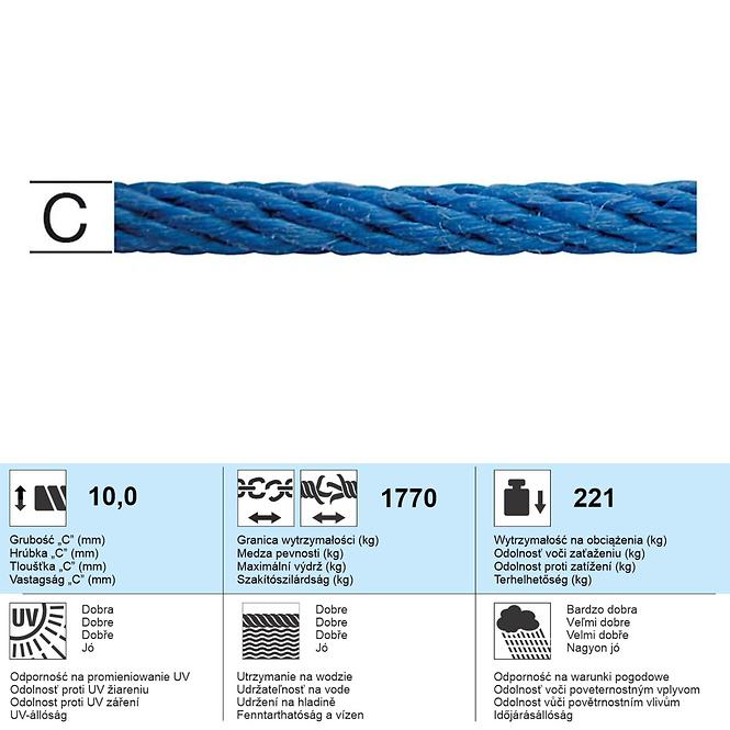 Polypropylén Lano Pletené Modra – Priemer 10 mm - Tovar na Mieru