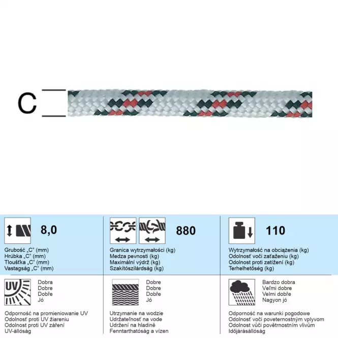 Polypropylén Lano Čierna/Biela/Červená – Priemer 8mm - Tovar na Mieru,2