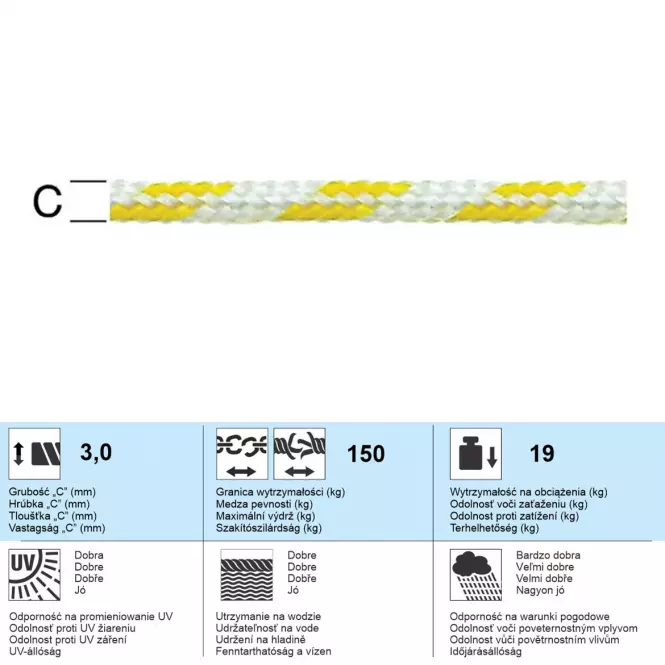 Polypropylén Lano s Vnútorným Jadrom Biela/Žltá – Priemer 3 mm - Tovar na Mieru,2