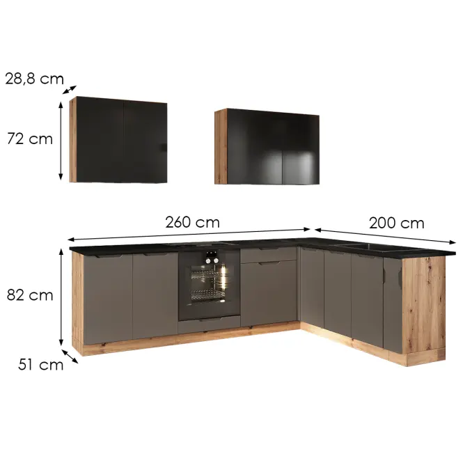 Kuchynská linka Isabel Čierny hrášok 2,0 X 2,6 Dub Artisan/Mocca Grey