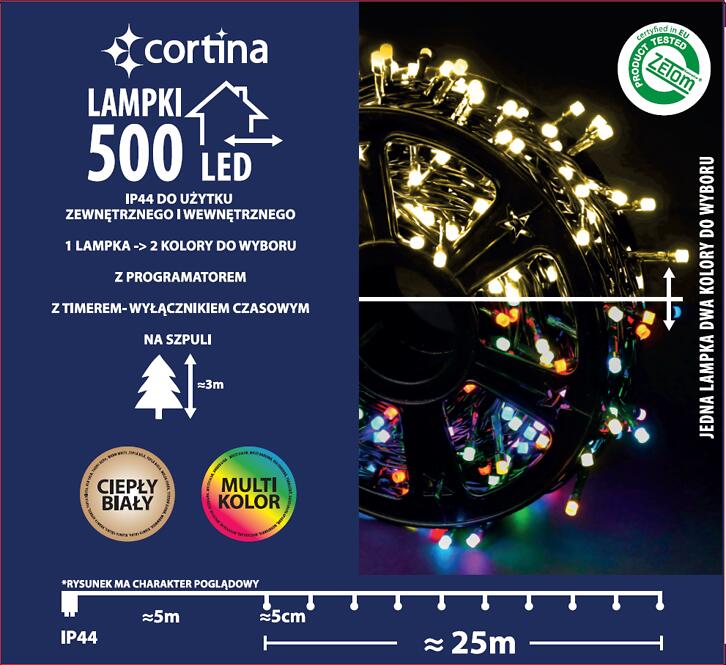 Vianočné svetielka LED 500l vonkajšie s programátorom a časovačom 18/25/LED/ww+m,3