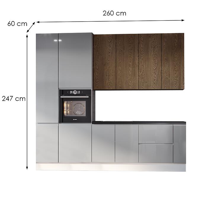 Kuchynská Linka Luxeo 260 Cm Lak Grey/Blatic Set 7,2