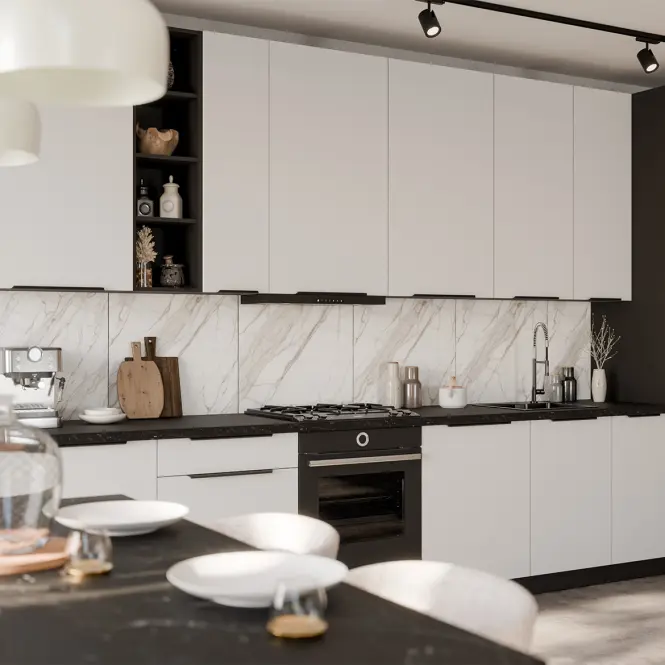 Kuchynská linka Aria WH/BL 390 cm bez kuchynskej dosky