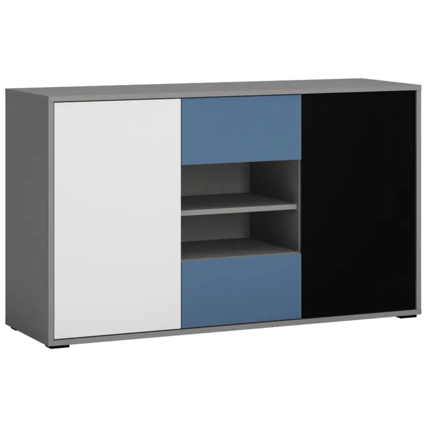 Komoda Laser LASK02B 2D2S platinovo sivá/čierna perla/alpská biela/modrá
