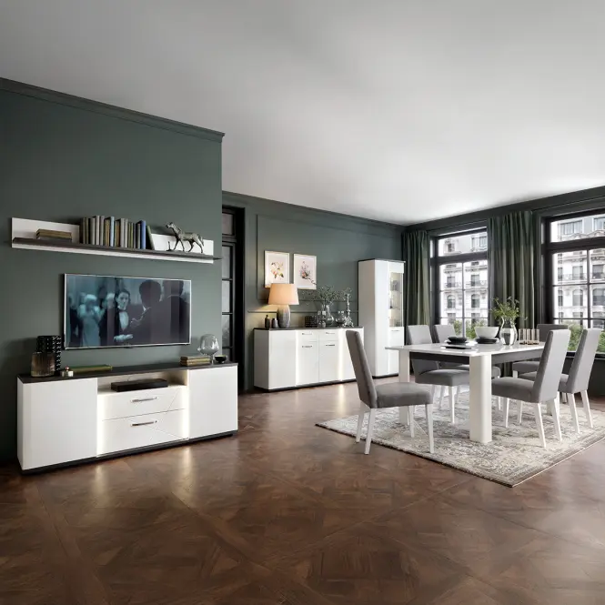 Vitrína Venezia VENV01R 2D alpská biela/dub vicenza čierna/mdf biela l,4