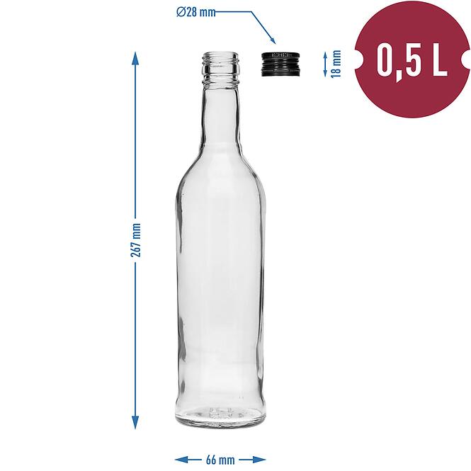 Fľaša 500 ml úzka na alkohol s čiernym uzáverom na závit 6 ks