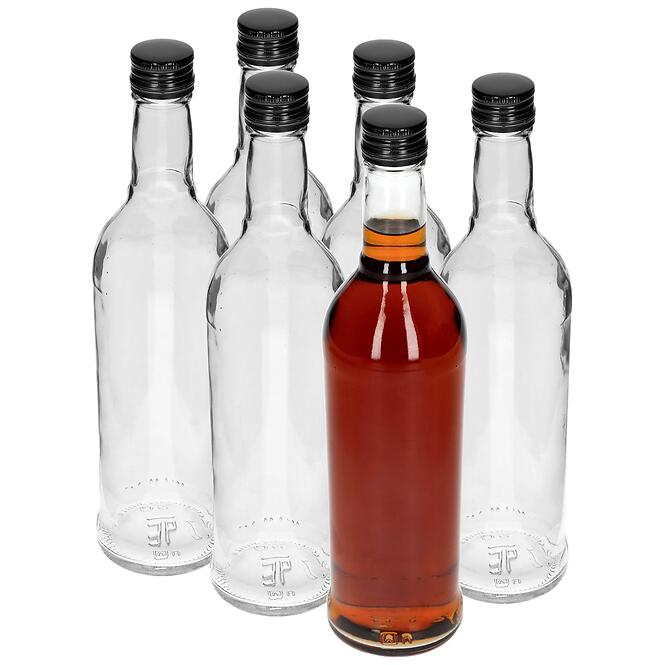 Fľaša 500 ml úzka na alkohol s čiernym uzáverom na závit 6 ks
