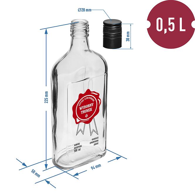 Fľaša 500 ml s uzáverom na závit, potlač wybornytrunek 2-fareb.