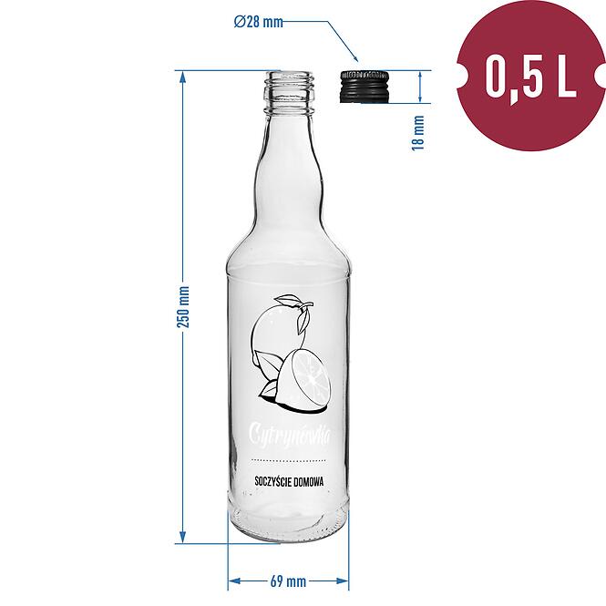 Fľaša 500 ml s uzáverom na závit, potlač Cytrynówka