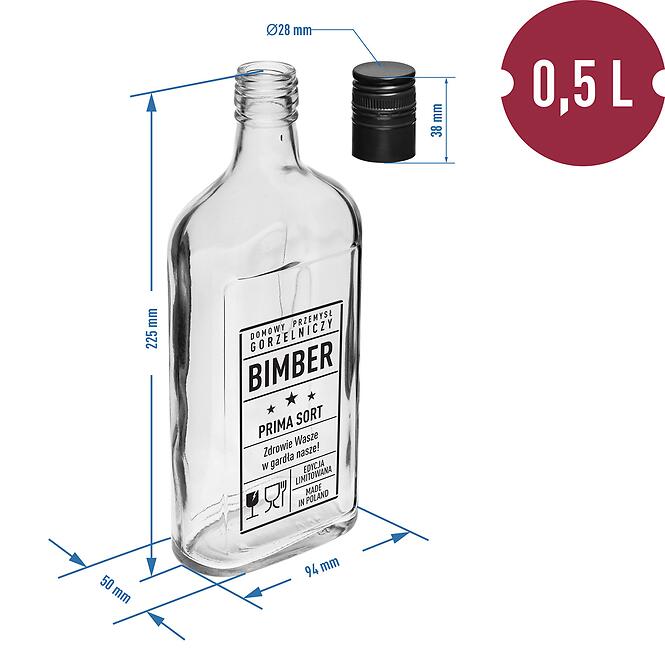 Fľaša ploskačka 500 ml s uzáverom na závit, potlač Bimber PRL