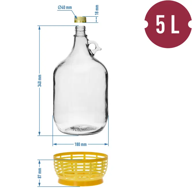 Demižón dama 5 l s korkom s fermentačnou rúrkou a s uzáverom