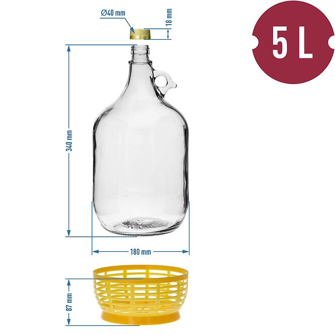 Demižón dama 5 l s korkom s fermentačnou rúrkou a s uzáverom