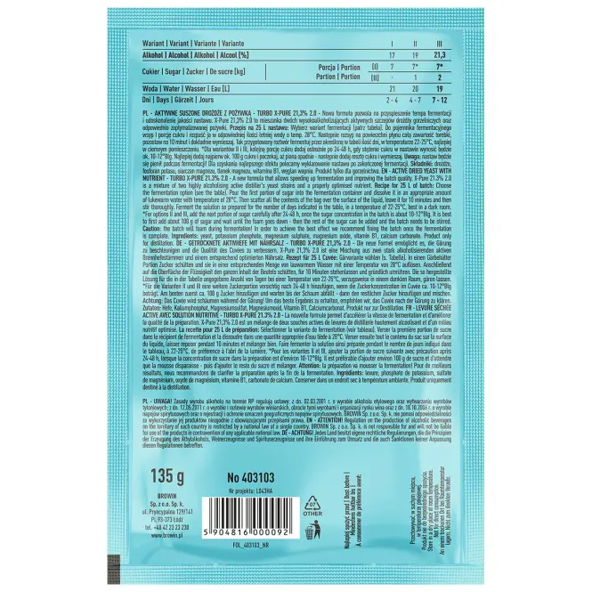 Kvasnice  turbo x-pure 21,3% 48h – 135 g,2