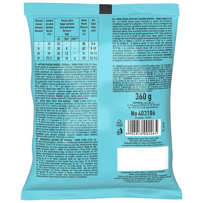 Kvasnice turbo x-pure 21,3% 360 g 100 l