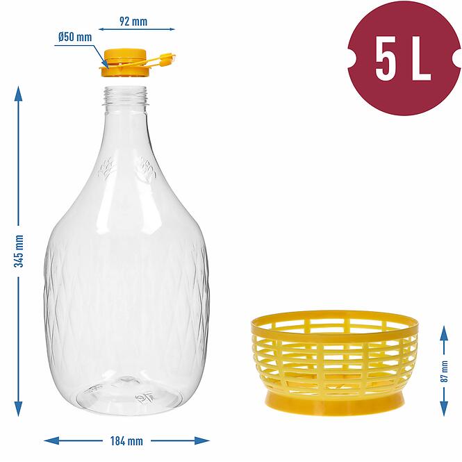 Demižón dama 5 l pet s uzáverom na závit, s úchytom a košíkom