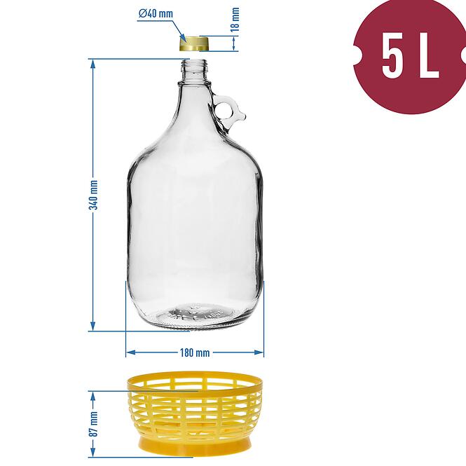 Demižón dama 5 l s košíkom a s uzáverom na závit