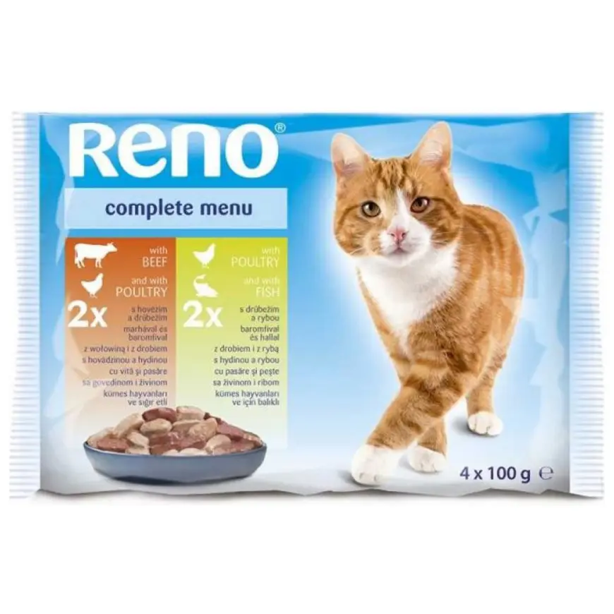 Reno Kapsičky pre mačku hydina + hovädzie mäso/hydina + ryba 4x100 g