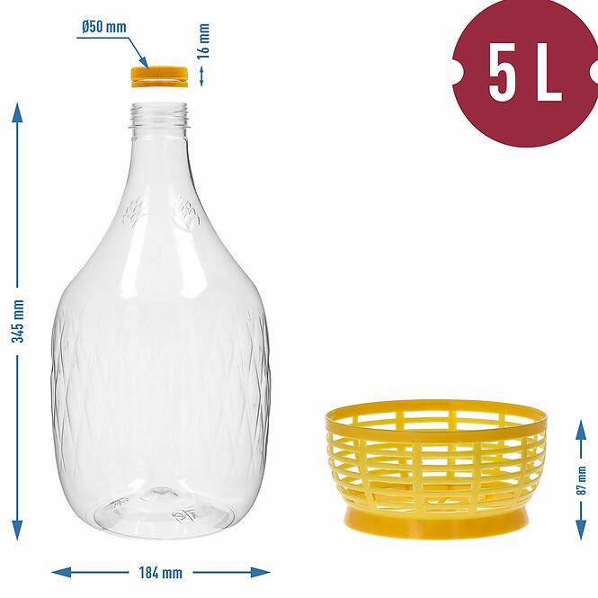 Demižón dama 5 l pet s uzáverom na závit a košíkom