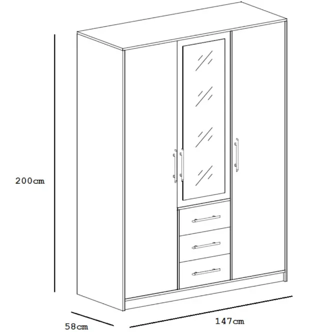 Skriňa Bali D3 147 cm so zrkadlom – sonoma, trojdverová, zásuvky,4