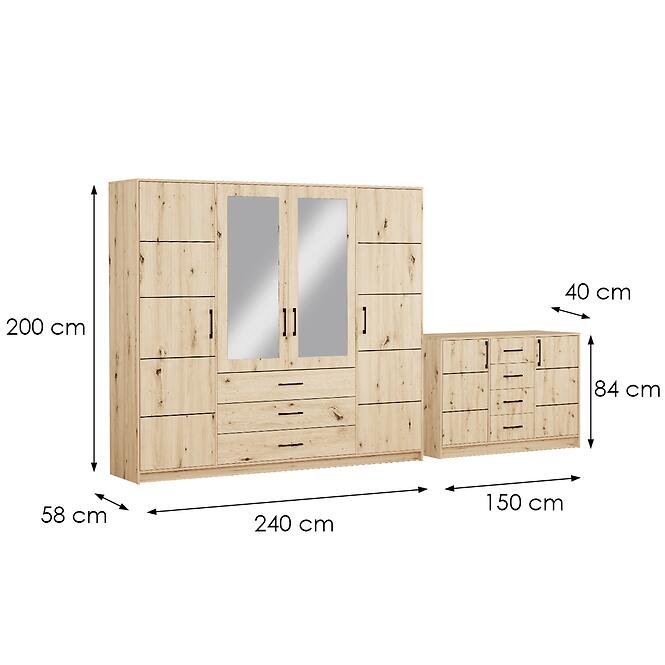 Súprava skriňa Belluno 240 artisan + komoda Belluno 150,2