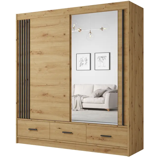 Skriňa s posuvnými dverami Canada Ca-4-200 200 cm so zrkadlom – Artisan/čierna, lamely, dvojdverová, zásuvky