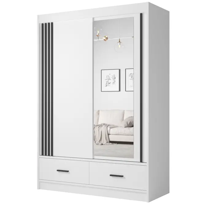 Skriňa s posuvnými dverami Canada Ca-24-150 150 cm so zrkadlom – biela/čierna, lamely, dvojdverová, zásuvky
