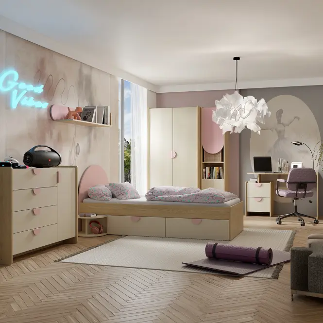 Regál Lexi 3p Cremona/Macadamia/Ružová