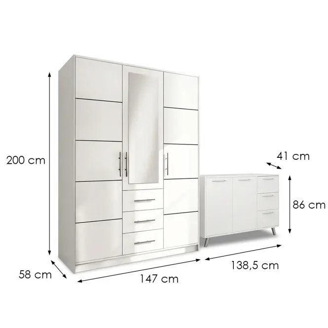Súprava skriňa  Bali D3 biela + Komoda Bali 140