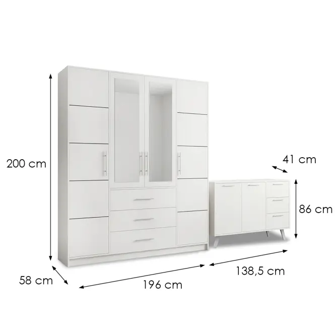 Súprava skriňa  Bali D4 biela + Komoda Bali 140,2