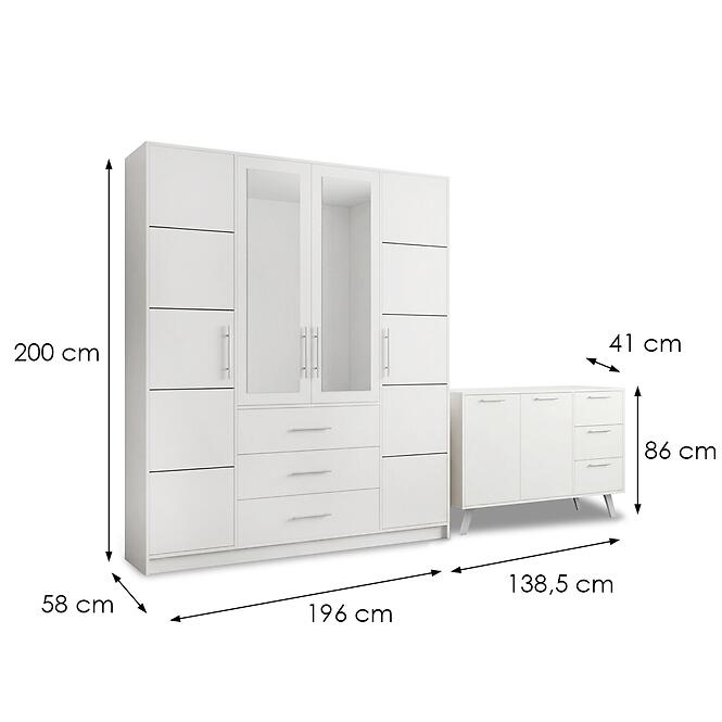 Súprava skriňa  Bali D4 biela + Komoda Bali 140,2