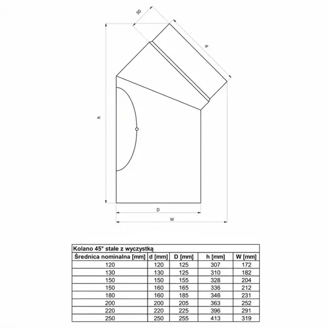 Dymové koleno 45* 130mm pevné s revíznym otvorom,2
