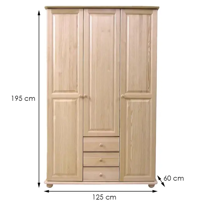 Borovicová skriňa 141A 125 cm – prírodná borovica, trojdverová, zásuvky,2
