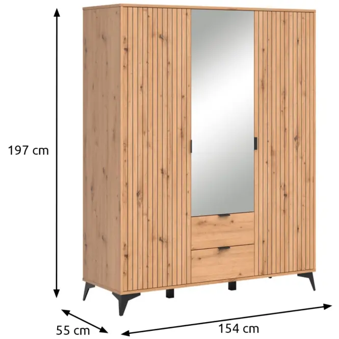Skriňa Lamea 154 Cm So Zrkadlom – Artisan, Lamela, Trojdverový, Zásuvky,2