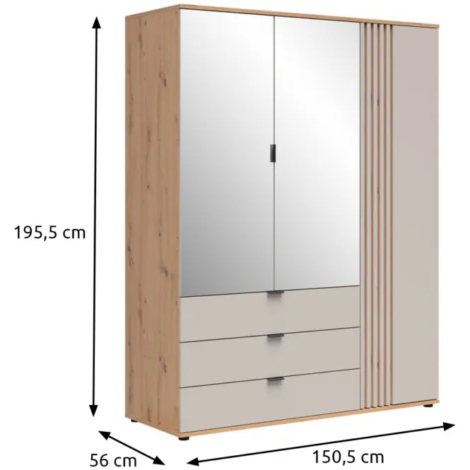 Skriňa Brevas 150,5 Cm So Zrkadlom – Artisan/Kašmír, Lamela, Trojdverový,Zásuvky,2