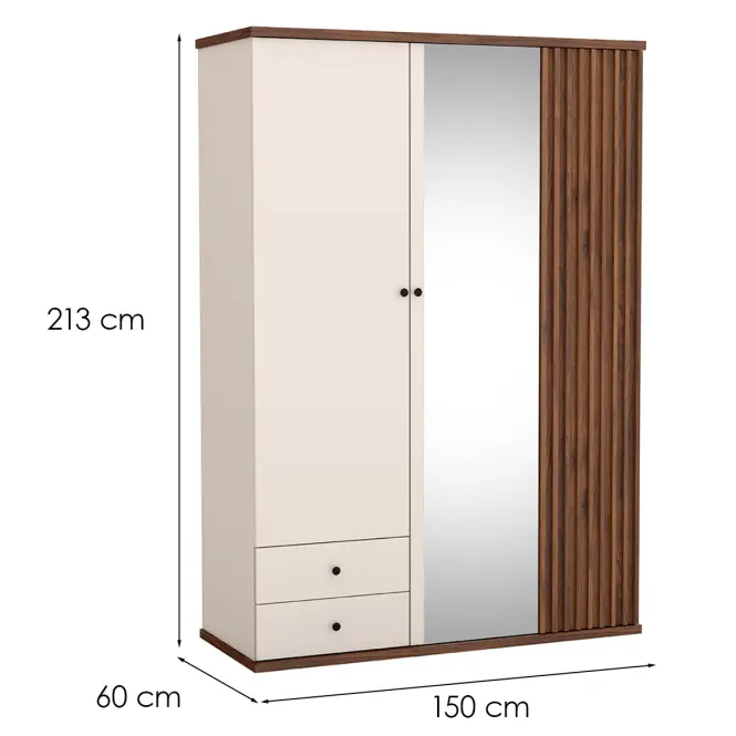 Skriňa Cali C23 150cm So Zrkadlom – Kašmír/Orech, Lamely, Trojdverový, Zásuvky,2